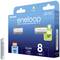 Eneloop AAA rechargeable batteries, 8-pack, pre-charged, 800 mAh capacity, up to 2100 charge cycles, plastic-free packaging.