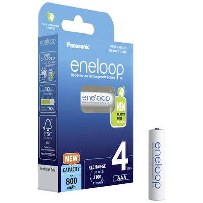 'Panasonic eneloop AAA Batteries, pre-charged with solar energy, pack of 4. Capacity 800mAh. Rechargeable up to 2100 times.'