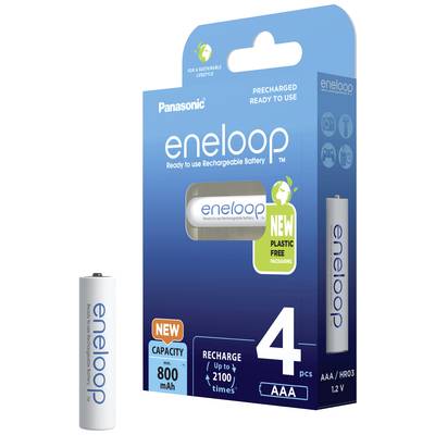Panasonic eneloop AAA Batteries, pack of 4. Capacity: 800 mAh. Rechargeable up to 2,100 times. New environmentally friendly packaging.