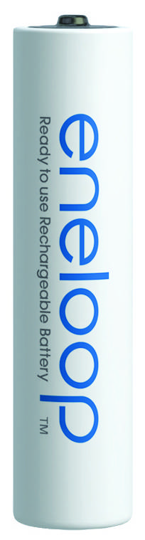 A rechargeable battery with the inscription 'eneloop'. It has a cylindrical shape and is ready for immediate use.