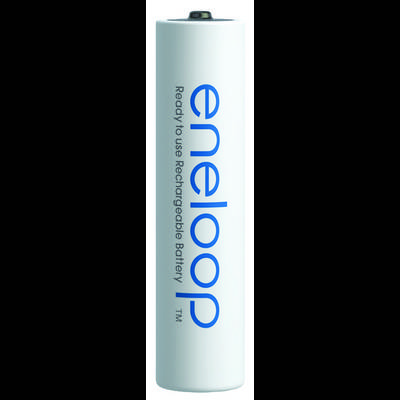 A rechargeable battery with the inscription 'eneloop'. It has a cylindrical shape and is ready for immediate use.