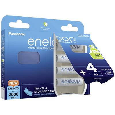 Packaging for Panasonic eneloop AA batteries, showing 4 batteries and indicating '2,100 charge cycles'. Includes travel and storage box.