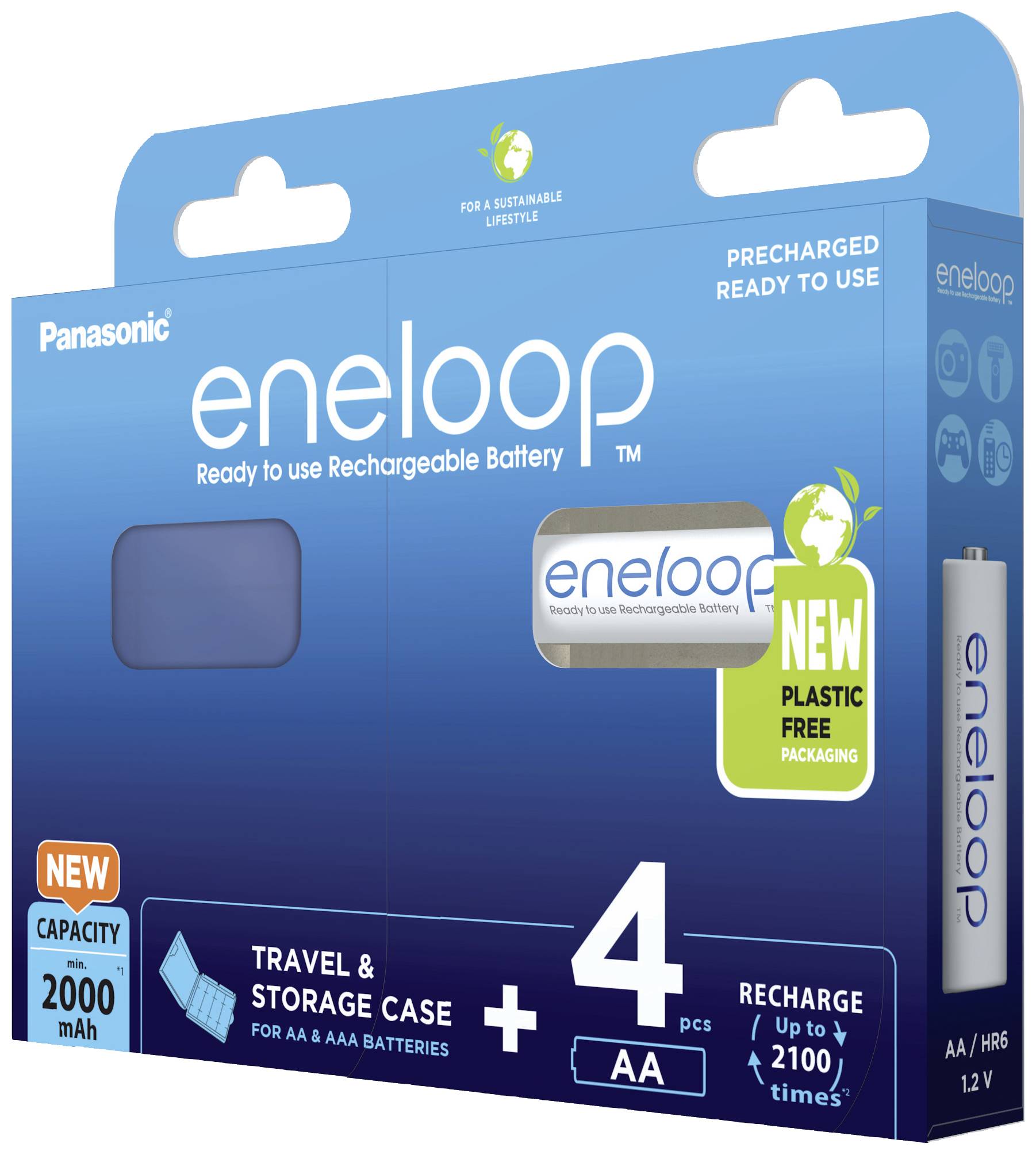Blue Panasonic eneloop AA battery pack with four rechargeable batteries, capacity 2000 mAh. Plastic-free packaging.