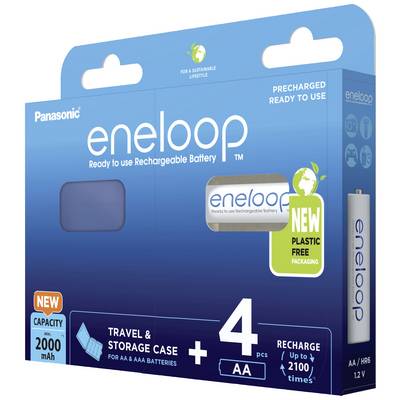 Blue Panasonic eneloop AA battery pack with four rechargeable batteries, capacity 2000 mAh. Plastic-free packaging.