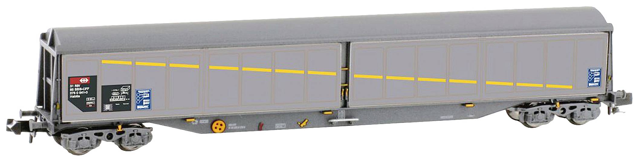 A grey goods wagon with yellow stripes on the side. The wagon has four wheels and is designed for transporting goods.