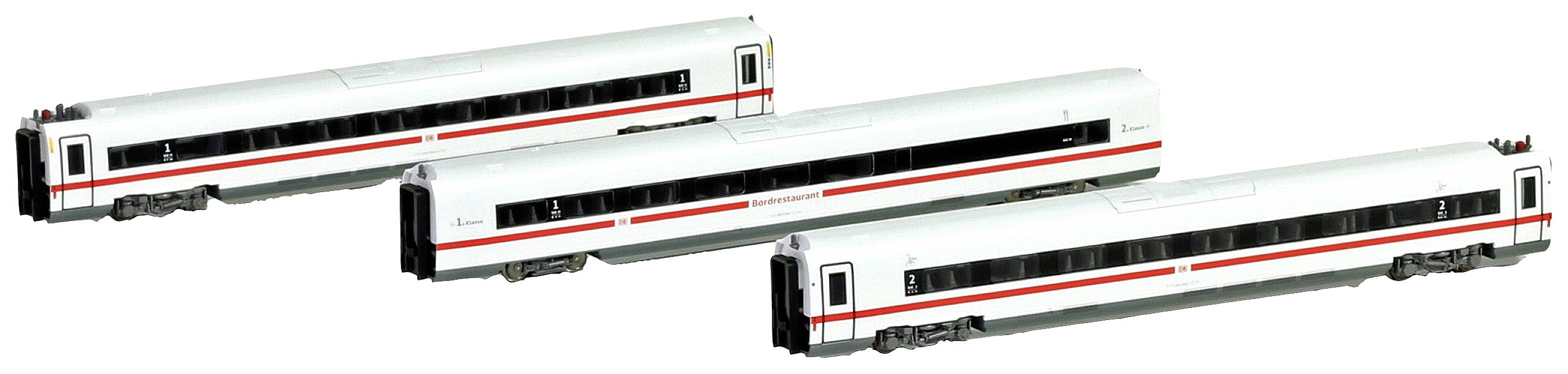 Three white model trains with red stripes, lined up side by side, show the side view of modern carriages.