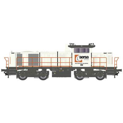 A white locomotive with a red Sersa Group logo on the side, detailed side view showing its structural details and markings.