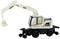 A toy excavator with a white crane arm and cabin, mobile on four black wheels, is positioned sideways for viewing.