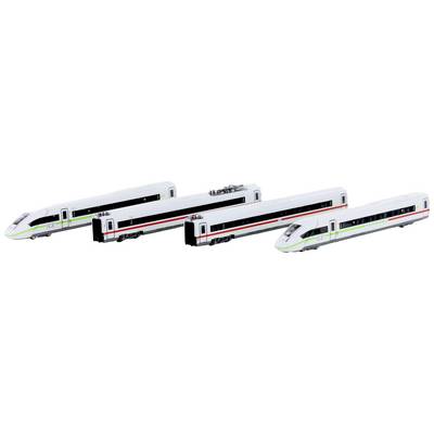 Four white train models with green and red stripes, lined up side by side in a smaller scale, all with a streamlined design.