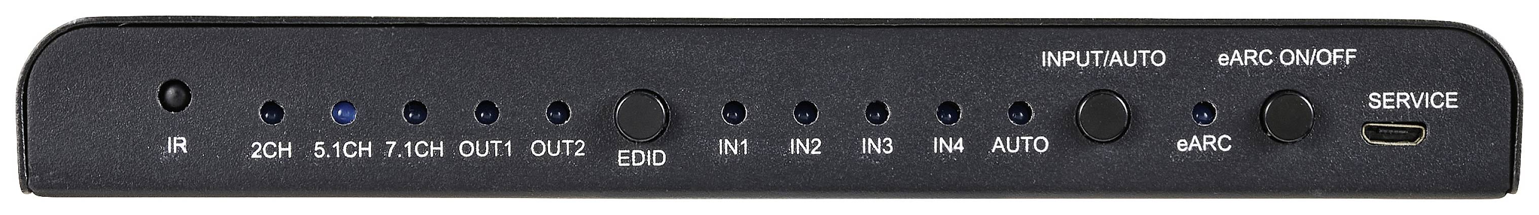 'View of a black device with multiple blue LED indicators, buttons, and a USB service port.'