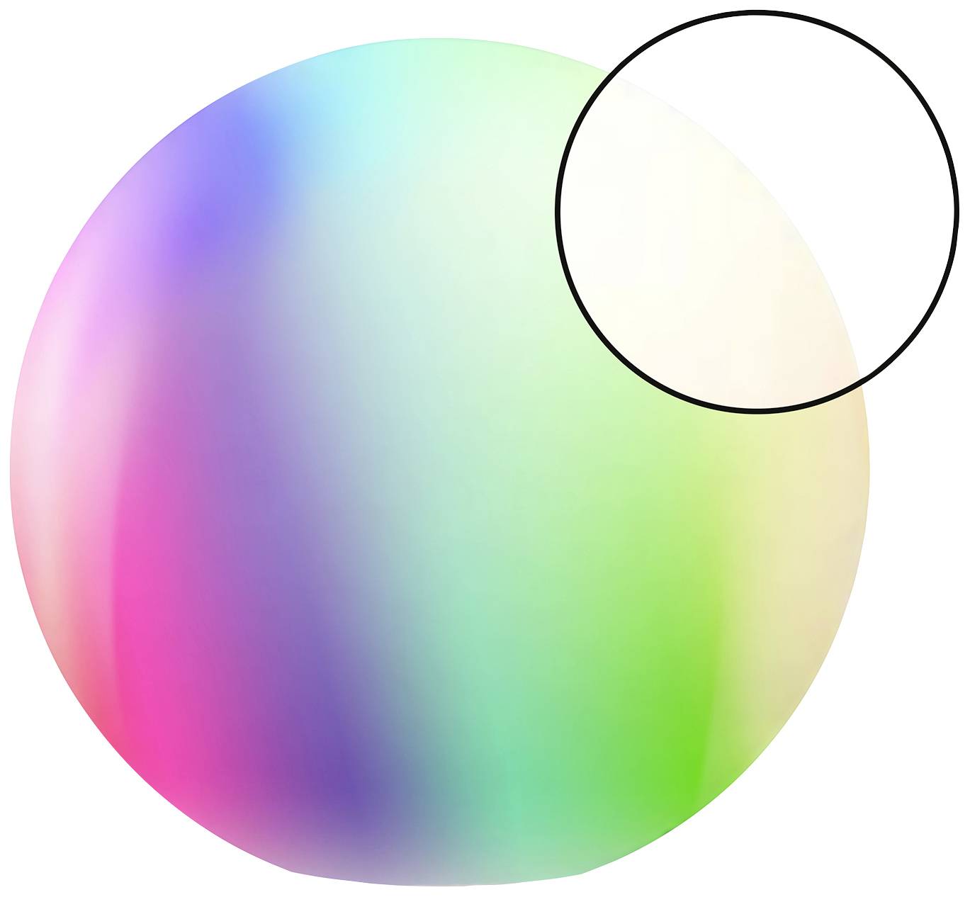 A sphere with a soft gradient of rainbow colours, transitioning from pink to green. A black circle is overlaid in the top right.