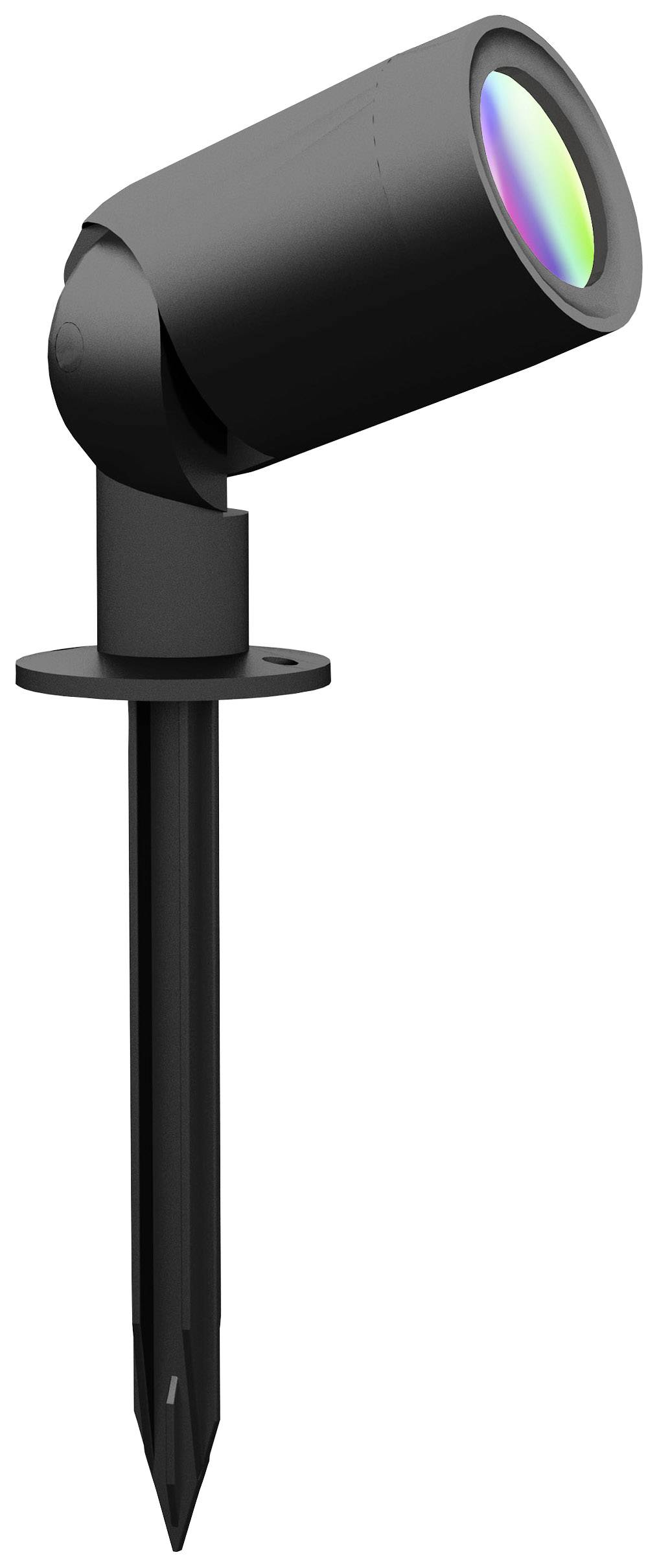 Black LED garden spotlight with ground spike, adjustable head and rainbow colour lens, suitable for decorative outdoor lighting.