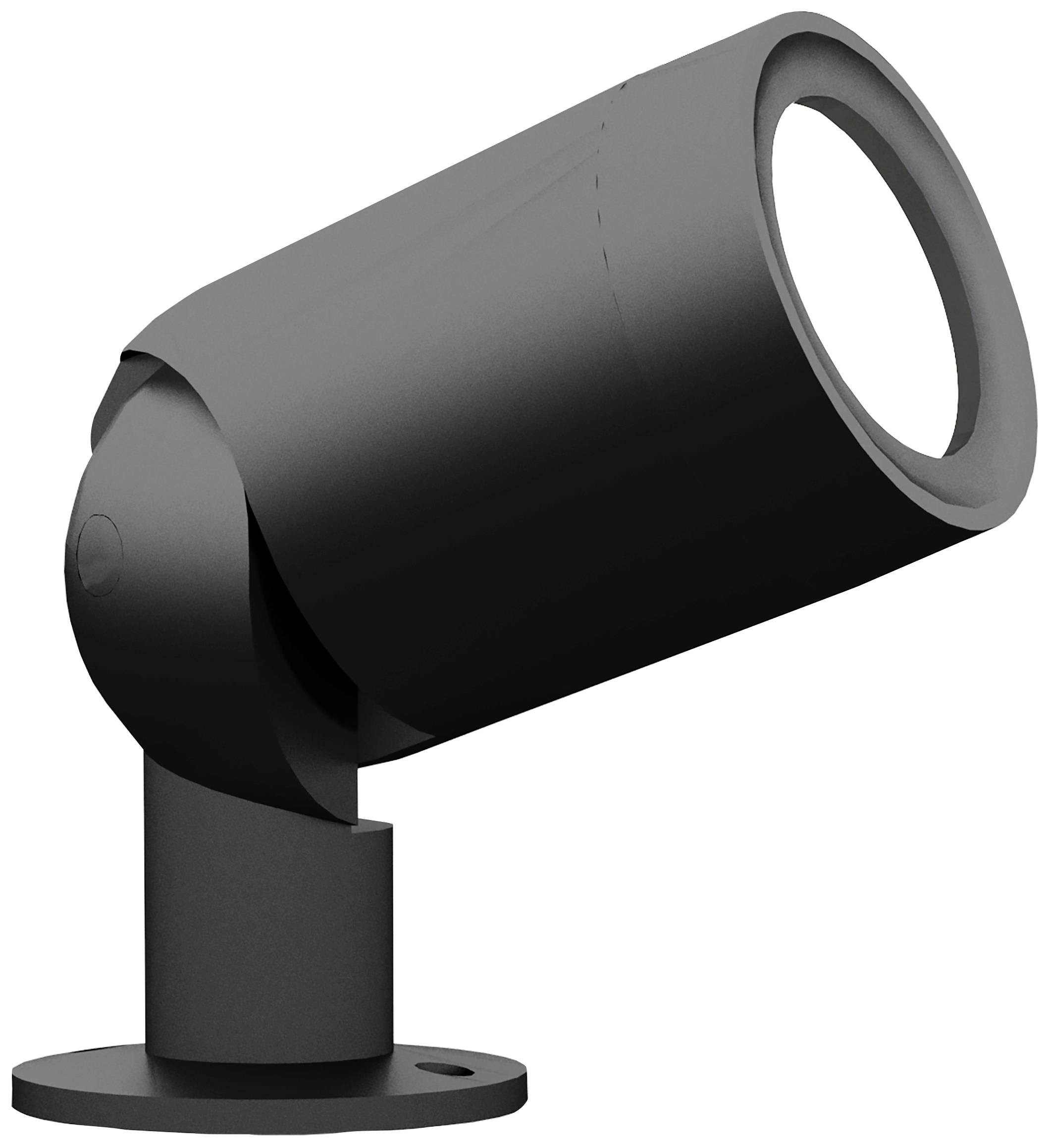A black, cylindrical LED spotlight on an adjustable mount, shown from the side, for use in outdoor or indoor areas.