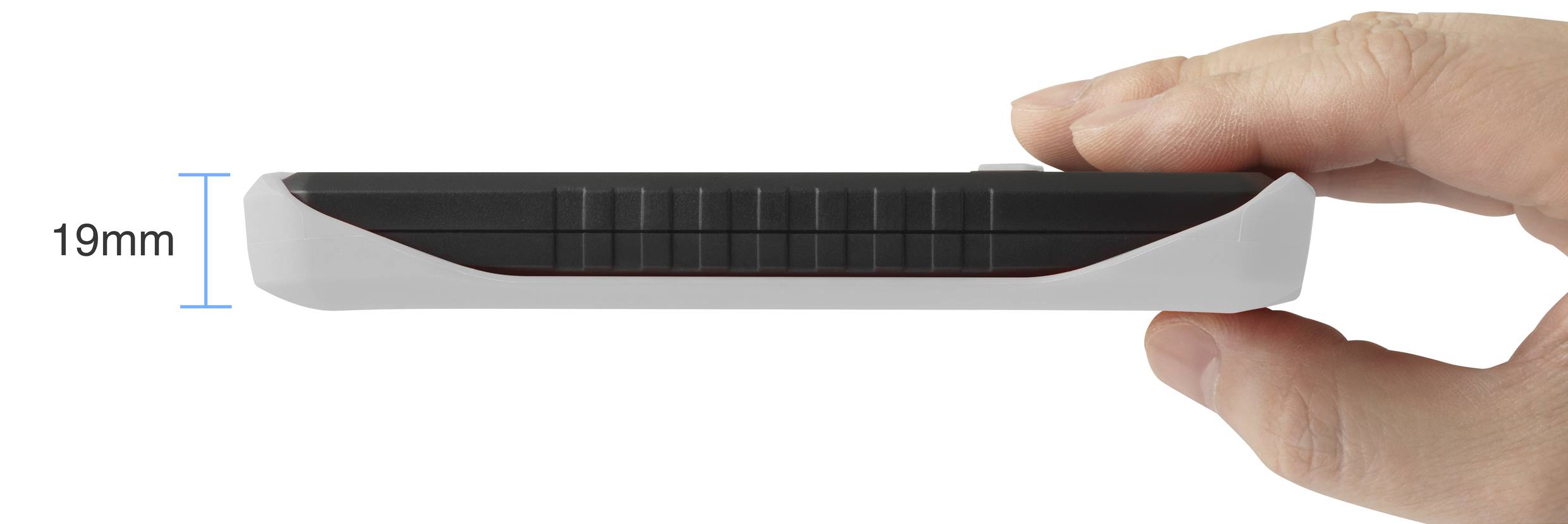 A hand is holding a slim device that is 19 mm thick.