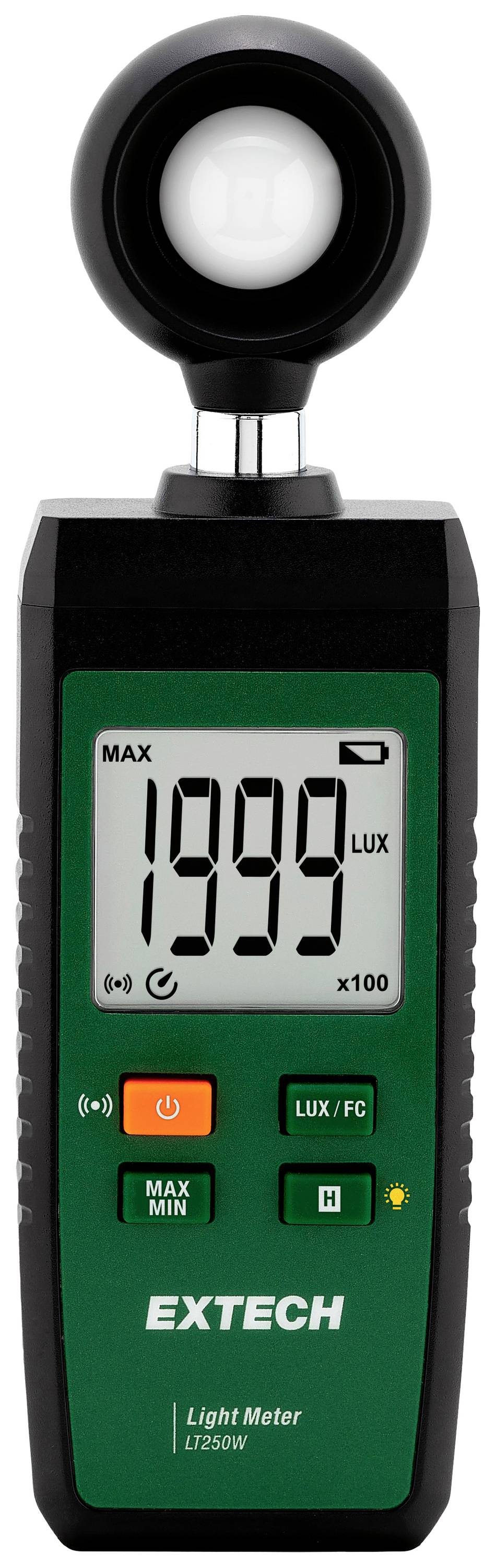Luxmeter shows 1999 lux on display, used for measuring light intensity. Device has a green casing and several buttons.