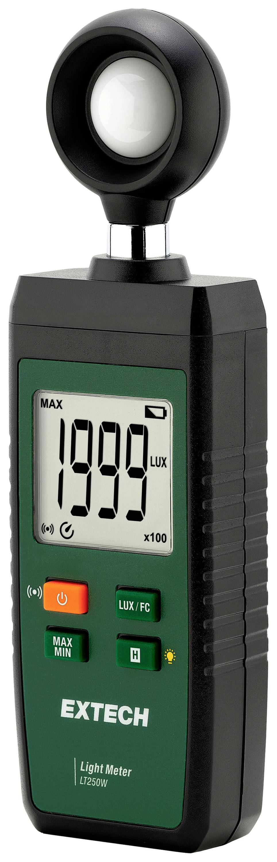 A digital light meter from Extech for measuring light intensity; displaying a value of 1999 on the screen.