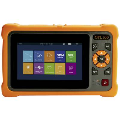 Portable measuring device with an LCD screen displaying various network analysis options. Orange protective case with control buttons on the right.