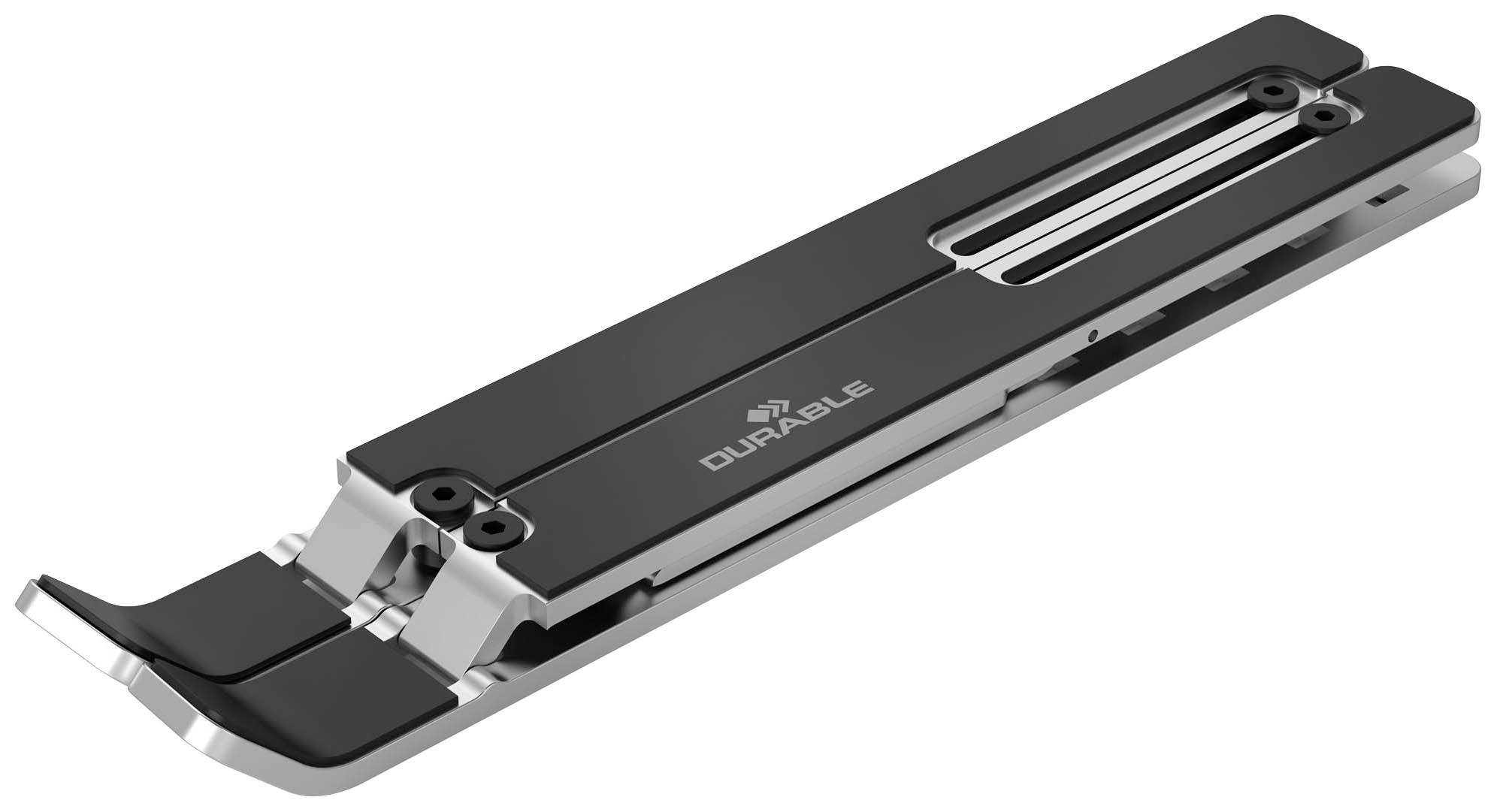 A black, folding laptop stand made of metal with the 'DURABLE' logo on the top surface.