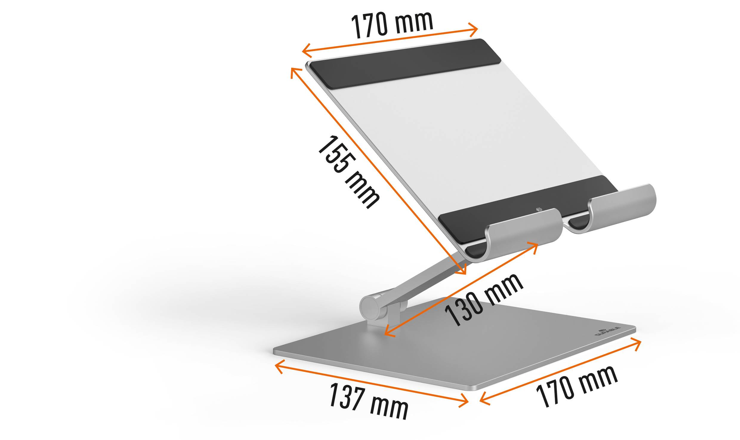 Tablet stand with adjustable arm, showing dimensions: Height 155 mm, Width 170 mm, Depth 137 mm, Tilt angle 130 mm.