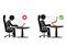 Left: incorrect sitting position with a hunched back and poor screen height. Right: correct ergonomics with a straight back and optimal screen height.