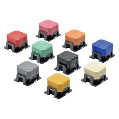 Nine mechanical key switches in various colours (Red, Orange, Blue, Green, Black, Grey, Yellow, Cream) on a white background.