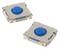 Two blue tactile pushbuttons with metallic housing, commonly used in electronic devices for operational control.