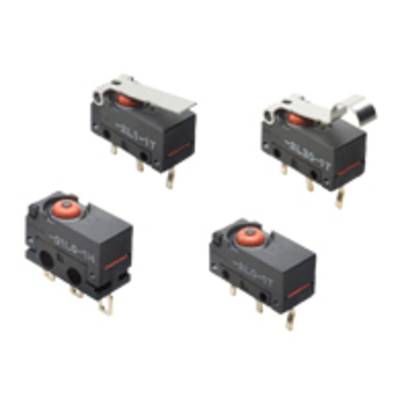 Four microswitches with different actuating levers, each black with red buttons. They are positioned in a square configuration.
