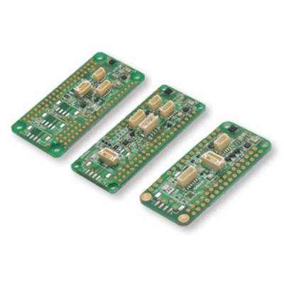 Three green circuit boards with orange contacts and electronic components, arranged diagonally.