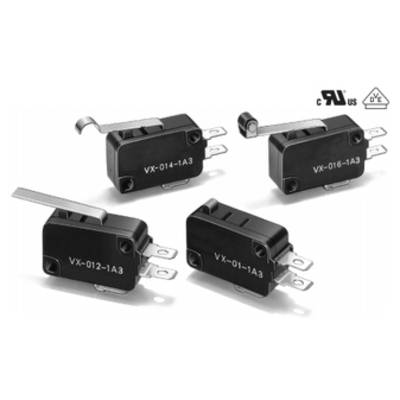 Four black micro switches with levers of varying lengths. Each switch is labelled with a code such as 'VX-012-1A3'.
