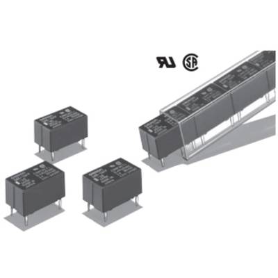 Illustration of several black electronic components (relays) on a light background, with brand logos in the top right corner.