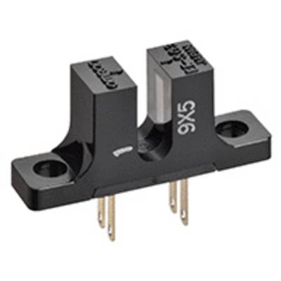 A black, rectangular electronic sensor with two mounting holes and three metal pins for connection.