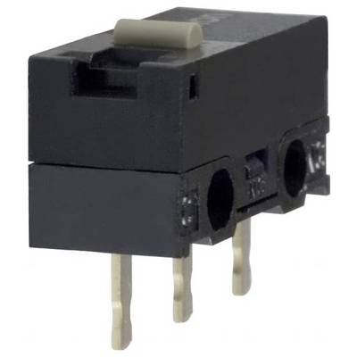A small black microswitch with three metal pins and a rectangular actuator on top, used in electronics for controlling circuits.
