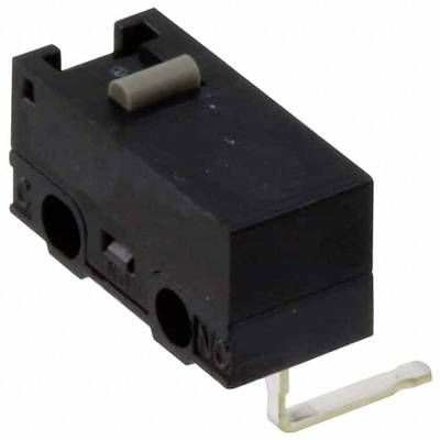 Black and grey micro switch with two terminals, used for controlling electrical signals in small devices or machines.