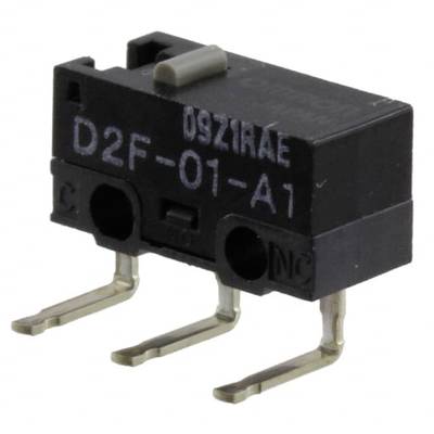 Black microswitcher with three metal pins and the inscription 'D2F-01-A1'. On the left, 'NO' is marked, on the right, 'NC'.