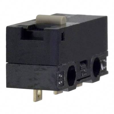 Black micro switch with two pins and a white lever on top. Used in electronic devices to control switching operations.
