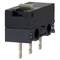 A black microswitchh with three metal terminals and a small grey button on top. Suitable for electronic applications.
