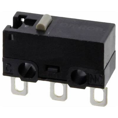 A small black microswitch with three metal prongs and a white actuator on top.