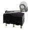 Black micro switch with lever, metal arm and white roller, suitable for various electronic applications.