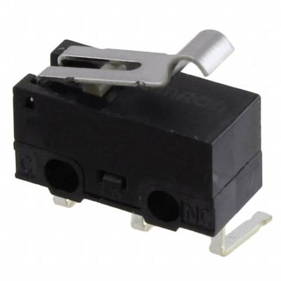 A black micro switch with a metal switching lever. Two terminals are visible. Used in electronic circuits for control purposes.