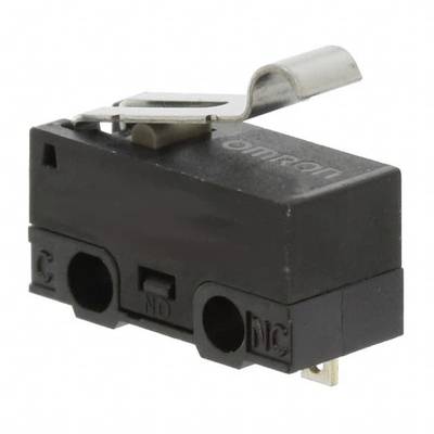 A black micro switch with three terminal connections and a metal lever. Suitable for electrical devices requiring precise switching.