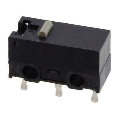 A black micro switch with three contacts at the bottom and a small switching button on top. It is frequently used in electronic devices.