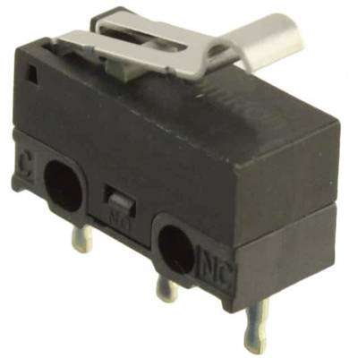 A black microswitch with three metal legs and a silver lever on top, commonly used in electronic devices.