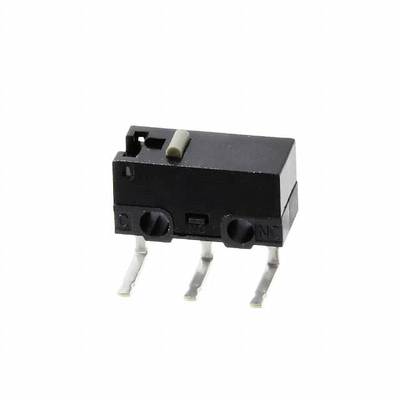 A black micro switch with three metal terminals, used in electronic circuits to control small mechanical movements.