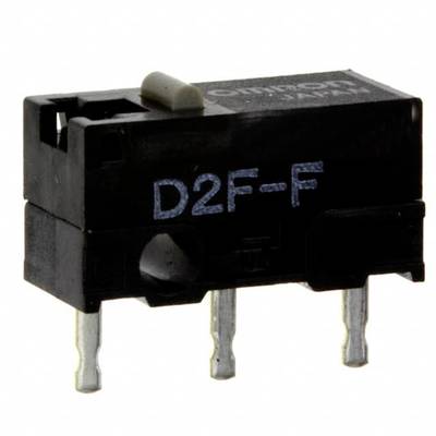 A black micro switch with three metal terminals. Marking: 'D2F-F'.