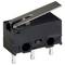 A black microswitch with three metal terminals and a long lever. The lever is slightly tilted.