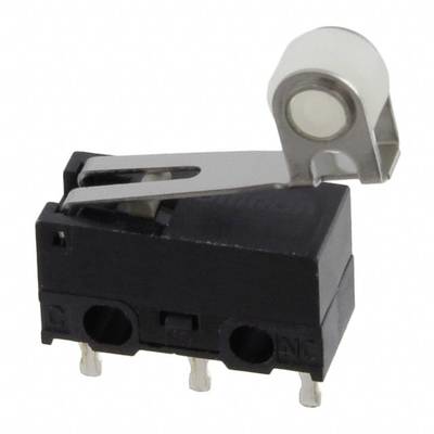A microswitchwith a lever, black housing, three contacts underneath, lever on top for operation.