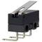 A microswitch with a lever, black housing and three metal pins serving as electrical contacts. Ideal for circuit board.