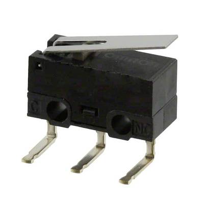 A black micro switch with three metal terminals and a silver lever tongue on the top surface.