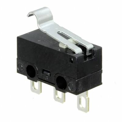 A small black micro switch with a metal lever and three terminal connections, suitable for electronic applications.