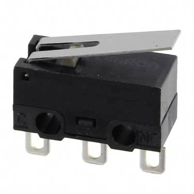 A black microswitch with three terminal blocks and a metal switch lever.